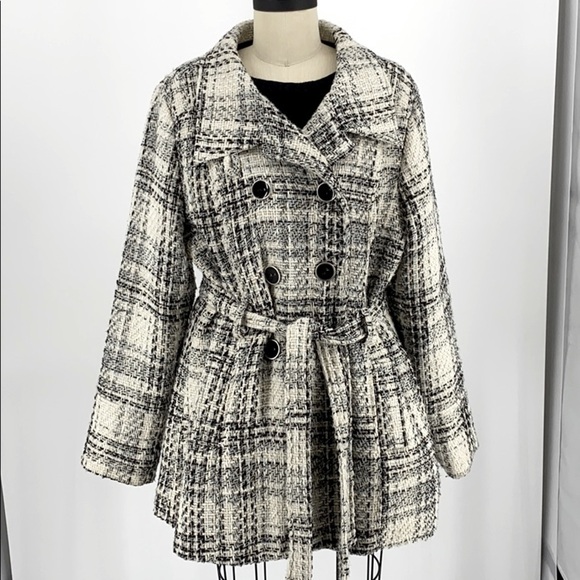 Outer Cage Double breasted pea coat plaid Wool Blend - Picture 1 of 8